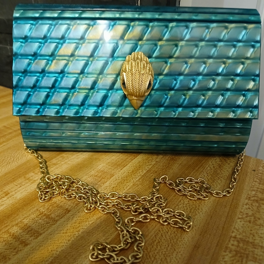 Kurt Geiger Teal Iridescent Clutch with Gold Hardware